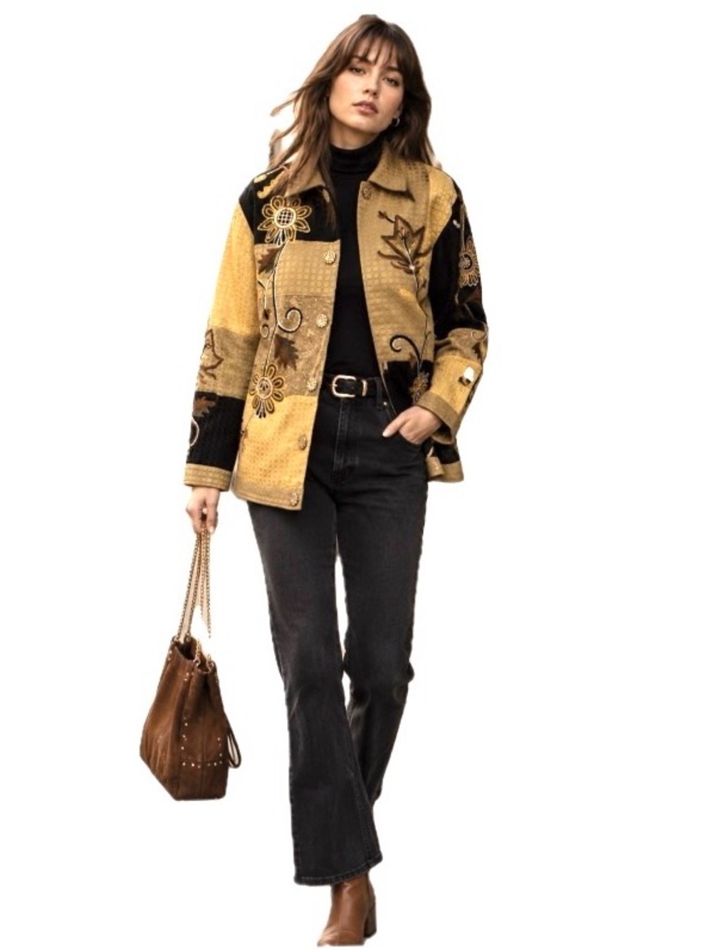 Indigo Moon, Montage Patchwork Embroidered Jacket, Size M - EUC